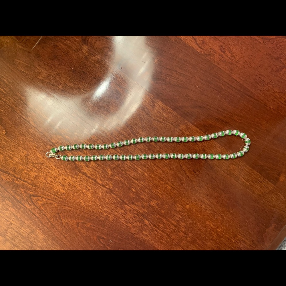 Silver necklace with Mexican green jade beads